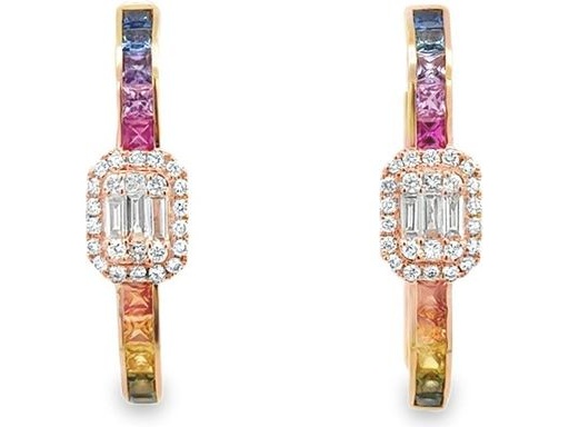 18K Rose Gold Hoop Earrings with Natural Baguette and Round Diamonds and Multi-Color Stones