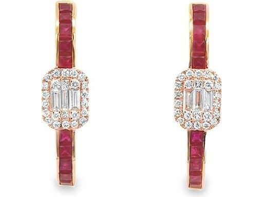 18K Rose Gold Hoop Earrings with Natural Baguette and Round Diamonds and Red Rubies