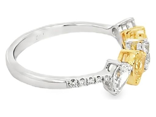 18K White Gold Ring with Natural Fancy Yellow and White Pear-Shaped Diamonds and Diamond Band