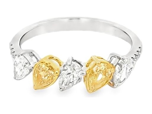 18K White Gold Ring with Natural Fancy Yellow and White Pear-Shaped Diamonds and Diamond Band