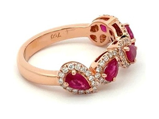 18K Rose Gold Ring with Natural Round Diamonds and Pear-Shaped Rubies