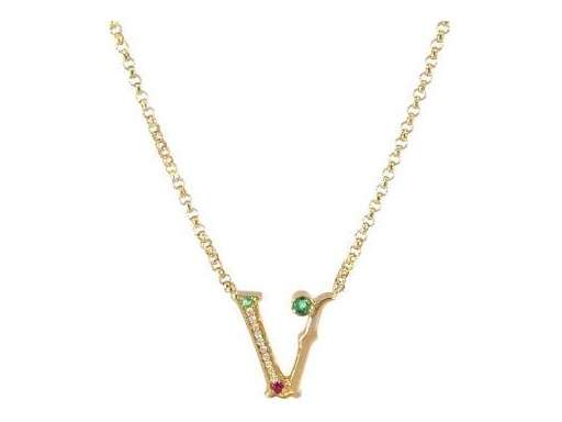 18k yellow gold V necklace with Natural diamond and emerald and ruby
