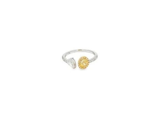 18K White Gold Open Band Ring with Natural Fancy Yellow Oval-Shaped Diamond, White Pear-Shaped Diamond, and Pavé Round Diamonds on the Band