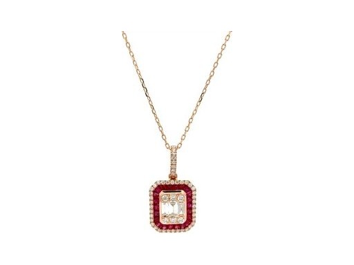 18K Rose Gold Pendant with Natural Baguette-Cut Diamonds, Ruby Halo, and Outer Round Diamond Halo (with Chain)