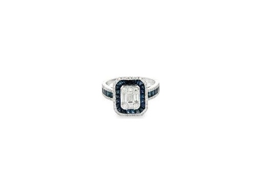 18K White Gold Ring with Natural Baguette-Cut Diamonds, Blue Sapphire Halo, and Outer Round Diamond Halo
