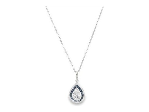 18K White Gold Pendant with Natural Marquise and Princess-Cut Diamonds, Blue Sapphire Halo, and Outer Round Diamond Halo (with Chain)