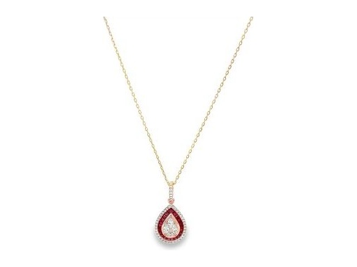 18K Rose Gold Pendant with Natural Marquise and Princess-Cut Diamonds, Red Ruby Halo, and Outer Round Diamond Halo (with Chain)