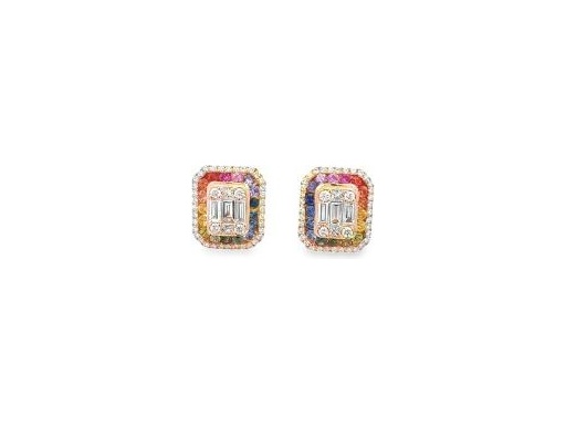 18K Rose Gold Earrings with Natural Baguette and Round Diamonds, Multi-Color Gemstone Halo, and Outer Diamond Frame