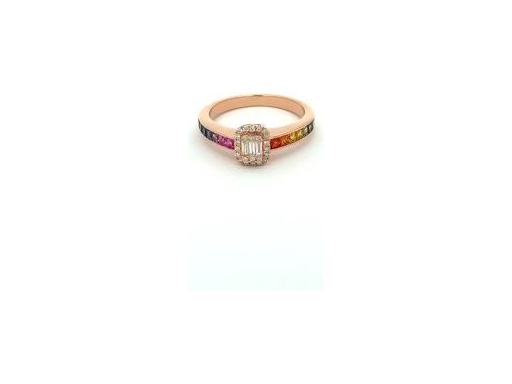18K Rose Gold Ring with Natural Baguette and Round Diamonds, Multi-Color Sapphire Band Accents