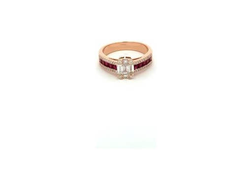 18K Rose Gold Ring with Natural Baguette and Round Diamonds and Ruby Channel Band