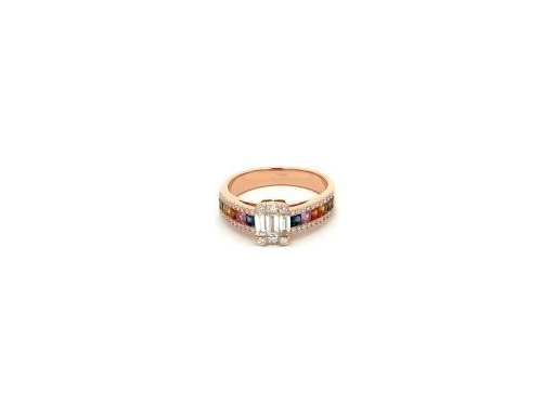18K Rose Gold Ring with Natural Baguette and Round Diamonds and Multi-Color Gemstone Channel Band