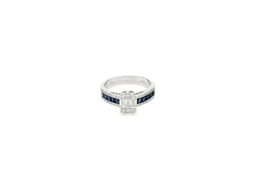 18K White Gold Ring with Natural Baguette and Round Diamonds and Blue Sapphire Channel Band