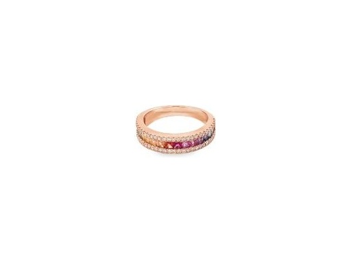 18K Rose Gold Ring with Natural Round Diamonds and Multicolor Gemstone Channel Band