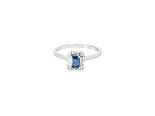 18K Whith Gold Ring with Blue Sapphire and Natural Baguette and Round-Cut Diamonds