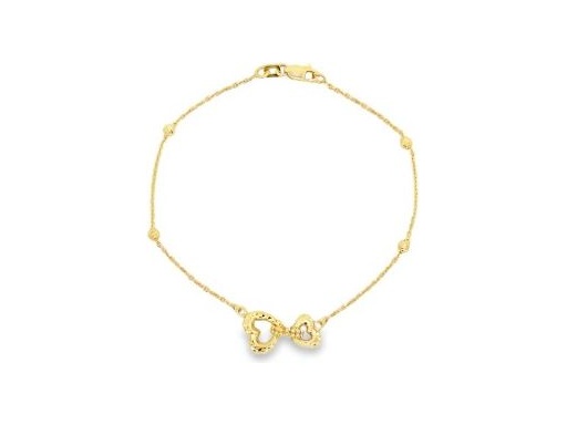 18K Yellow Gold Double Heart Bow Bracelet with Bead Accent