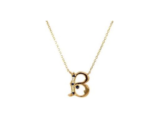 18k gold B necklace with natural diamonds and saphire