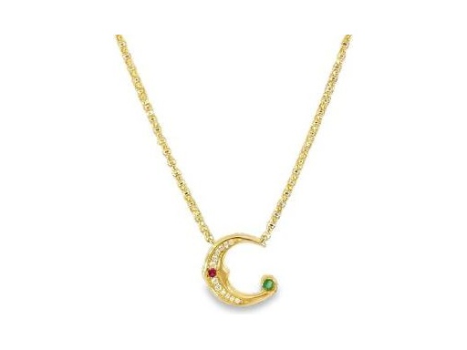 18k yellow gold C necklace with natural diamonds and ruby and emerald
