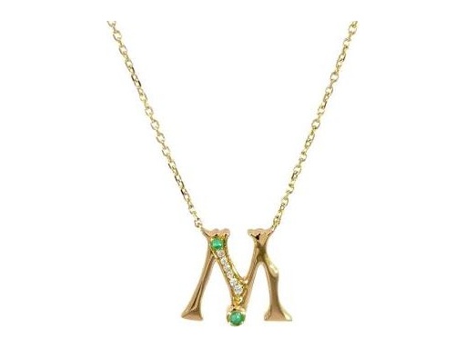18 k yellow gold M necklace with natural diamonds and natural emeralds