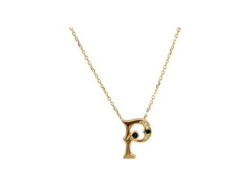 18 k yellow gold P necklace with natural diamonds and saphire