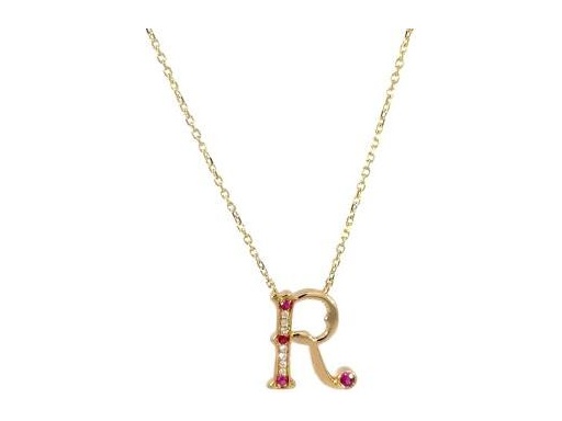 18 k yellow gold R necklace with natural diamonds and natural Ruby