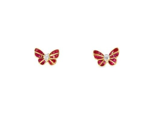 18K Yellow Gold Butterfly Stud Earrings with Natural Rubies and Pear-Shaped Diamonds