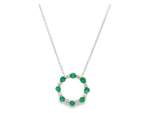 18K White Gold Circle Pendant Necklace with Natural Emeralds and Diamonds