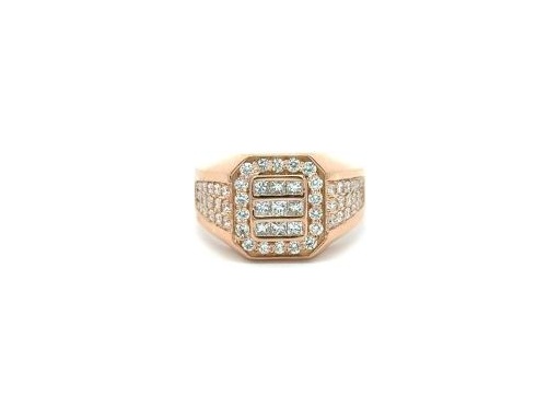18K Rose Gold Men's Ring with Natural Princess Cut Diamonds and Round Diamond Halo