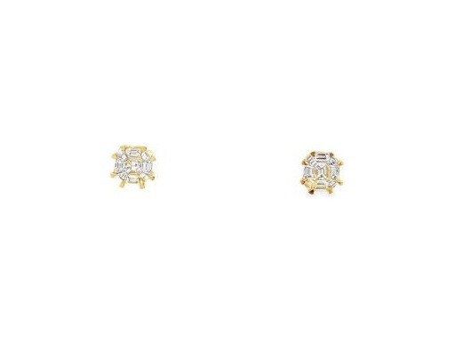 18K Yellow Gold Geometric Stud Earrings with Natural Baguette Diamonds