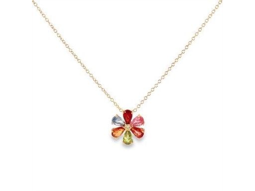 18K Rose Gold Floral Necklace with Natural Multicolor Gemstones and Center Diamond