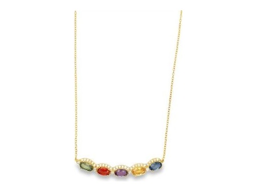 18K Rose Gold Necklace with Natural Multicolor Gemstones and Diamond Halo