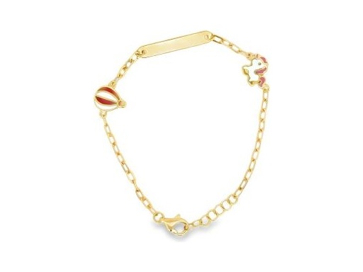 18K Yellow Gold Enamel Baby ID Bracelet with Elephant and Hot Air Balloon Motifs