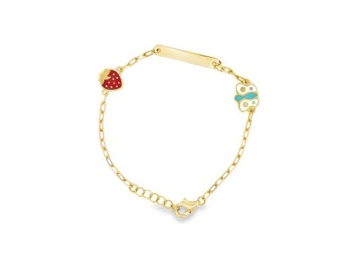 18K Yellow Gold Baby ID Bracelet with Enamel Strawberry and Butterfly Charms