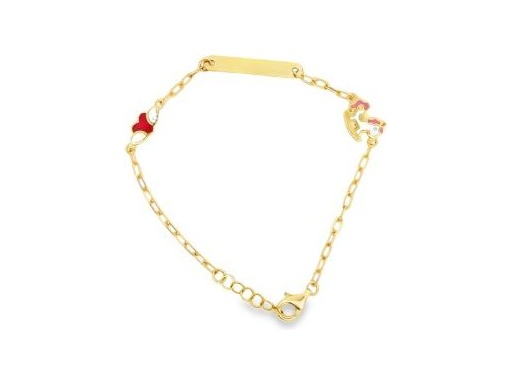 18K Yellow Gold Baby ID Bracelet with Enamel Rocking Horse and Winged Heart Charms