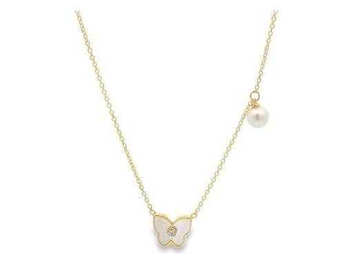 18K Yellow Gold Pearl, Clover & Natural Diamond Necklace With Mother Of Pearl