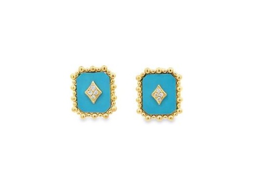 18K Yellow Gold Earrings with Synthetic Turquoise and Natural Diamonds