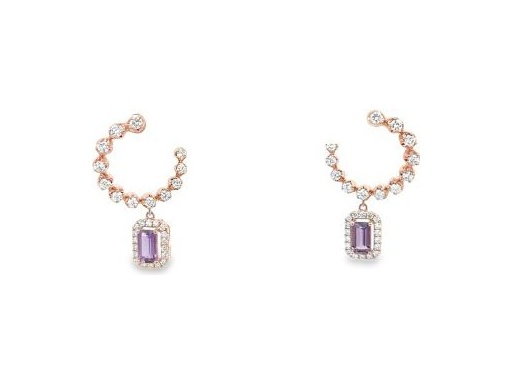 18K Rose Gold Earrings with Natural Diamonds & Amethyst – Dangling Lower Charm