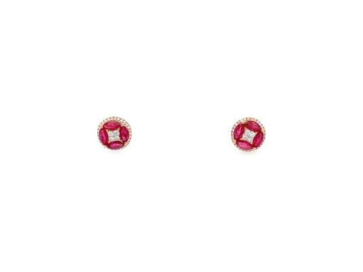 18K Rose Gold Stud Earrings with Natural Diamonds and Ruby