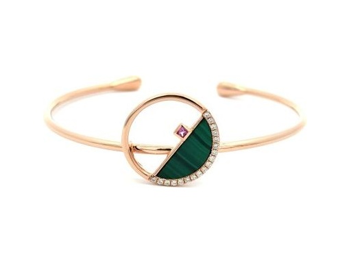 18K Rose Gold Open Bangle with Malachite, Natural Diamonds & Pink Sapphire (Madagascar)