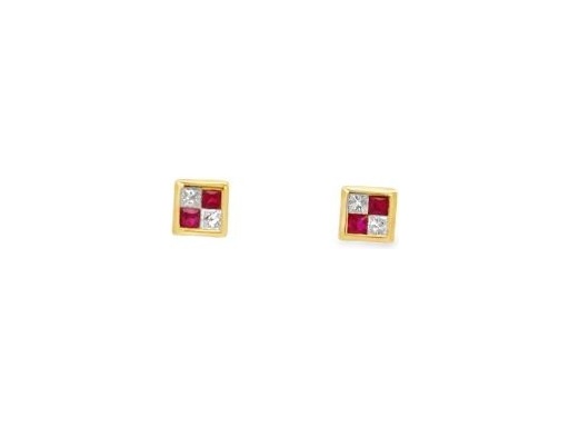 18K Yellow Gold Square Stud Earrings with Natural Princess Diamonds and Ruby 