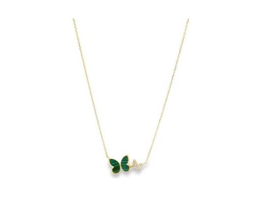 18K Yellow Gold Butterfly Necklace with Malachite and Natural Diamonds