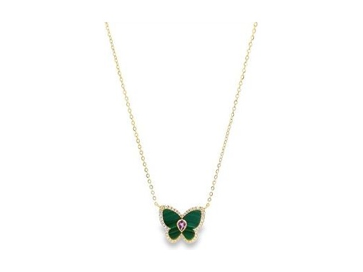 18K Yellow Gold Butterfly Necklace with Malachite, Amethyst, and Natural Diamonds
