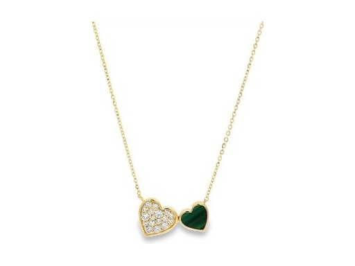 18K Yellow Gold Double Heart Necklace with Malachite and Natural Diamonds