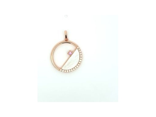 18K Rose Gold Round Pendant with Mother of Pearl, Natural Diamonds and Pink Sapphire