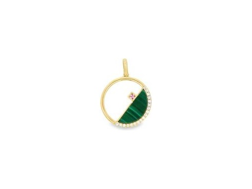 18K Yellow Gold Round Pendant with Malachite, Natural Diamonds and Pink Sapphire