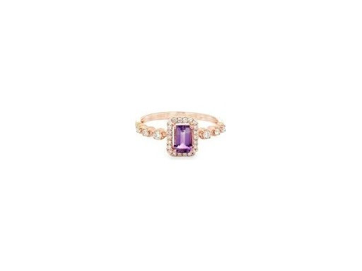 18K Rose Gold Emerald-Cut Amethyst Ring with Natural Diamonds