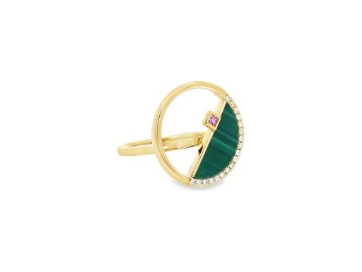 18K Yellow Gold Ring with Natural Diamonds, Green Malachite & Pink Sapphire Accent