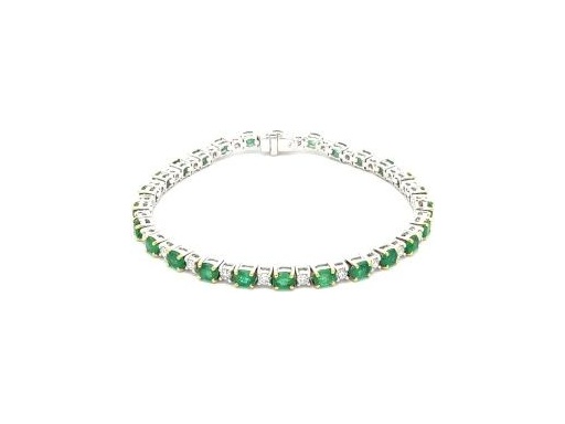 18K White Gold Tennis Bracelet with Natural Oval Emeralds and Diamonds