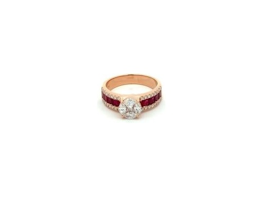 18K rose gold natural marquise and princess-cut diamonds with princess-cut red rubies and accent diamonds engagement ring