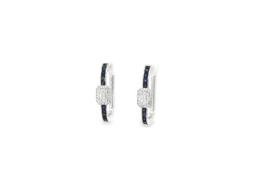 18K White Gold Hoop Earrings with Natural Baguette and Round Diamonds and Blue Sapphires