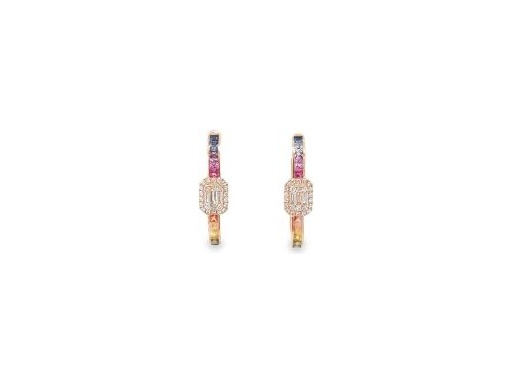 18K Rose Gold Hoop Earrings with Natural Baguette and Round Diamonds and Multi-Color Stones